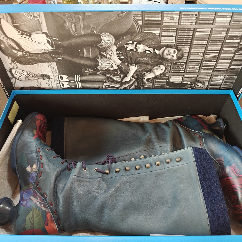 John Fluevog "Optimist" Teal and Floral Lace Up Boots - Picture 4 of 8